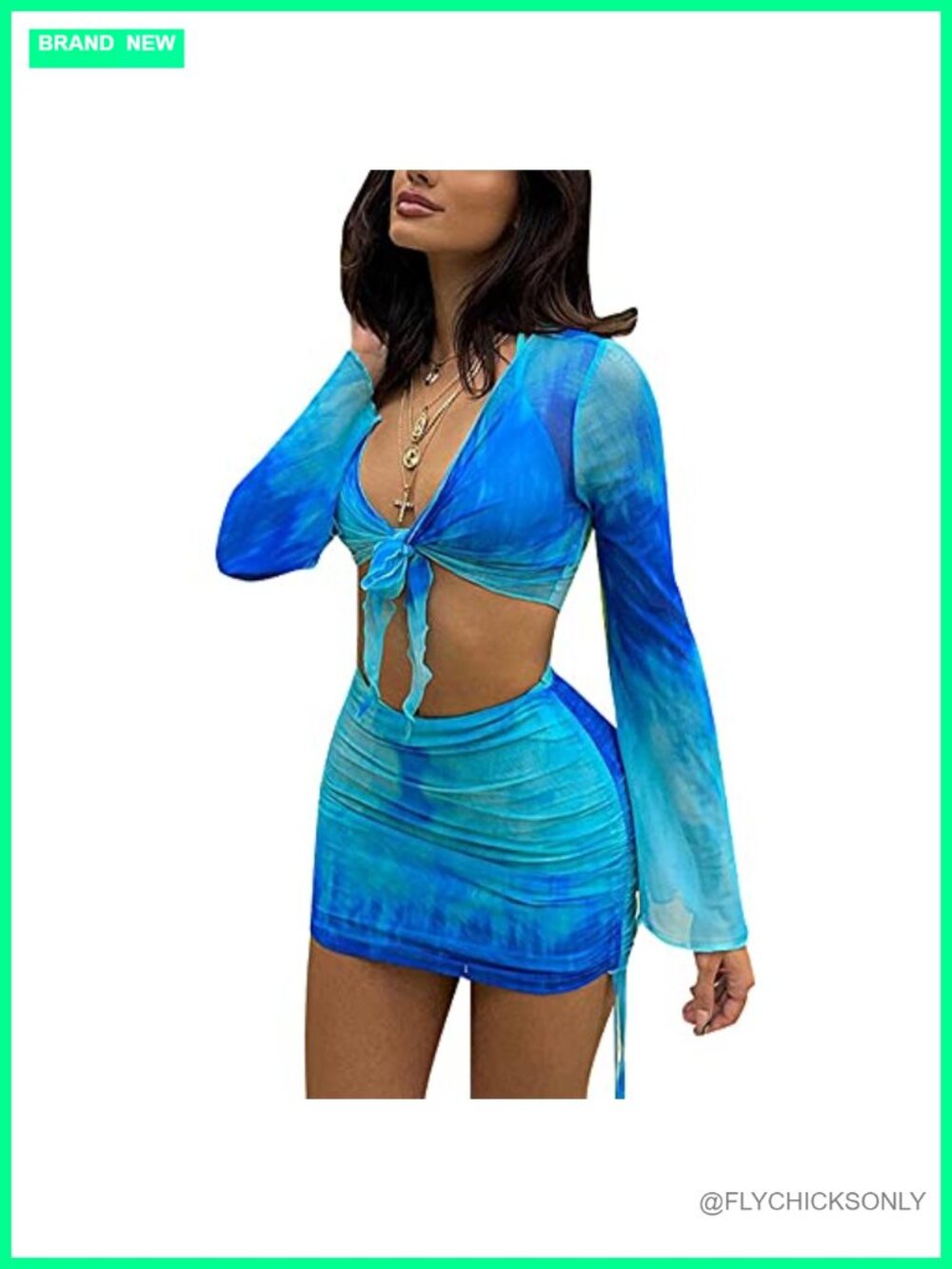 Sexy Long Sleeve Sheer Mesh Crop Top & Ruched Mini Skirt Set
